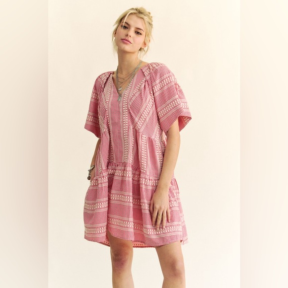 🟠 94B. Embroidered Stripe Detail Gingham Mini Dress - Red - Picture 9 of 13